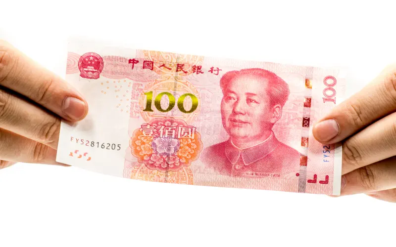 Chinese yuan bank note on white background