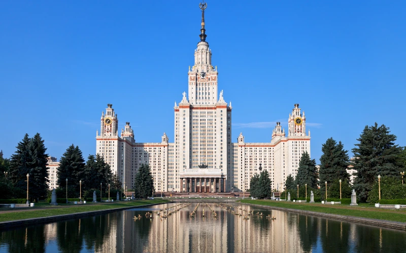 front view of lomonosov moscow state university in summer morning