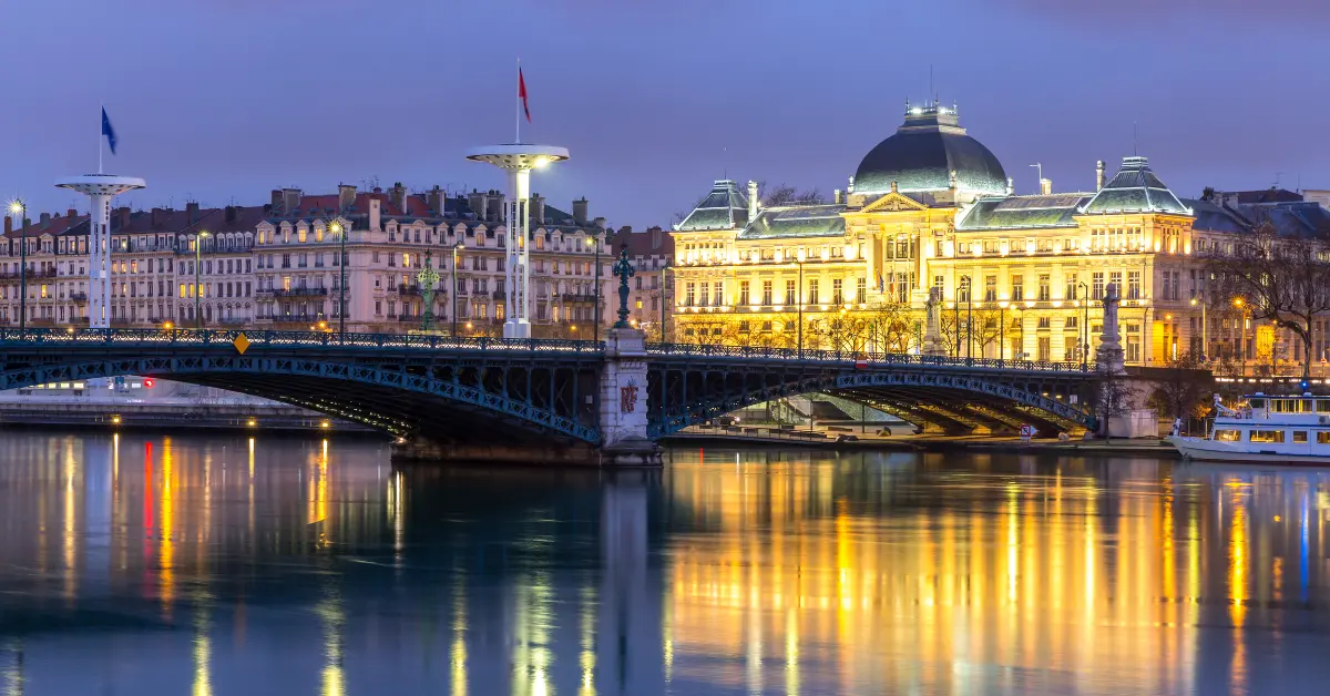 lyon university bridge along rhone river at night in lyon france