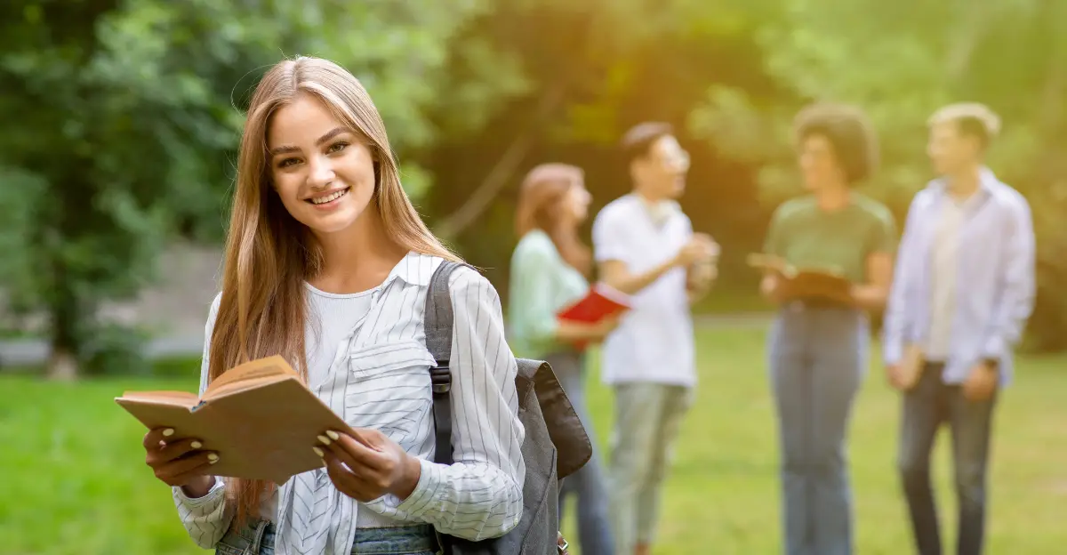 degree programs abroad. smiling student with book posing outdoor at campus